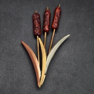 Mixed Metal Cattail Brooch Reed Cat O Nine Tails Plant Jewelry